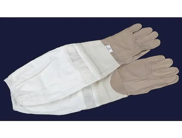 Перчатки пчеловода из серой кожи с нарукавниками и вставкой из белой сетки "SuperLux Серые XXL" разм