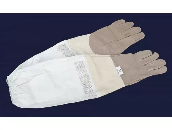 Перчатки пчеловода из серой кожи с нарукавниками и вставкой из белой сетки "SuperLux Серые XL" разме