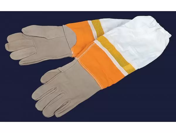Перчатки пчеловода из серой кожи с нарукавниками и вставкой из желтой сетки "SuperLux Серые XL" разм