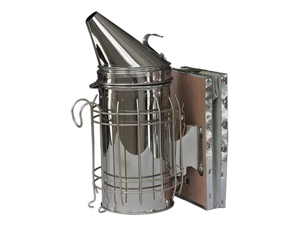 Дымарь н/ж D-102 мм H-275 мм с защитой от ожога и кожаными мехами с пламегасителем и без стакана