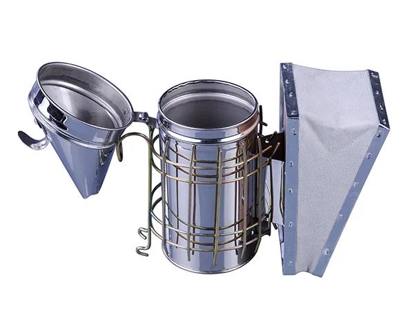 Дымарь для пчел "Люкс"н/ж D85мм H250мм с защитой от ожога с кожаными мехами со стаканом без пламе-ля