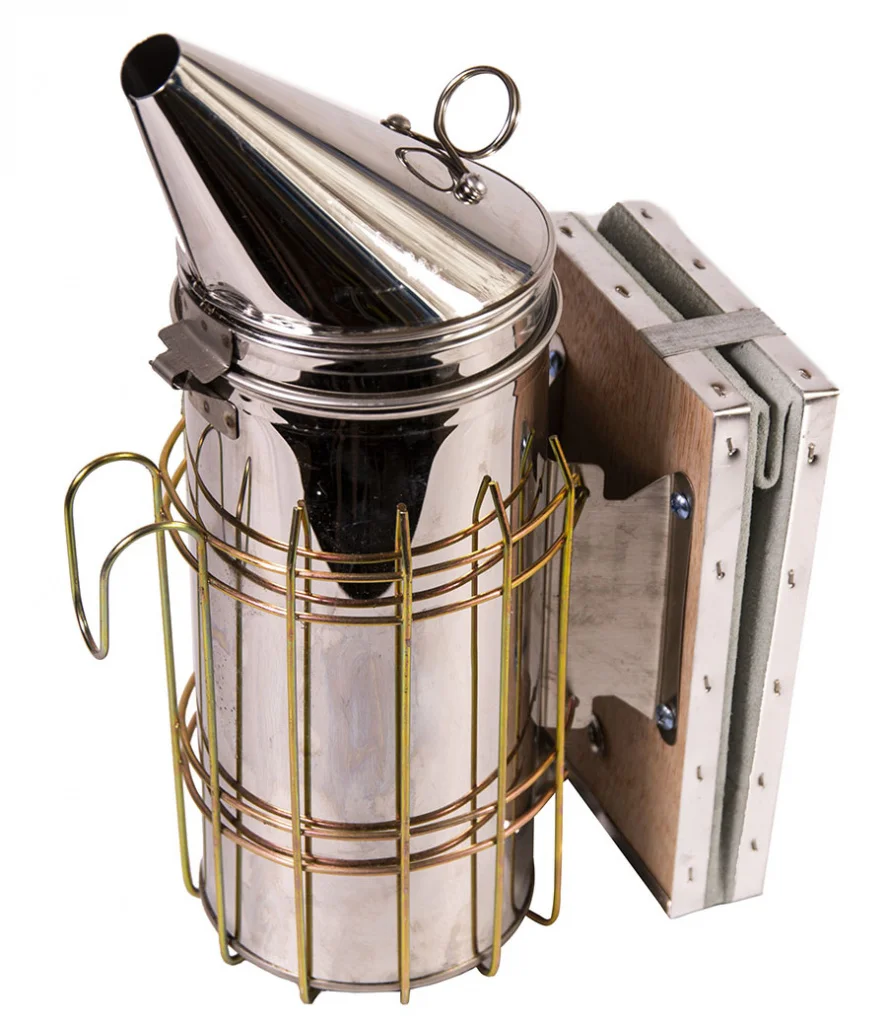 Дымарь Люкс нерж D-102мм H-315мм с защитой от ожога с кожаными мехами без пламегасителя и стакана