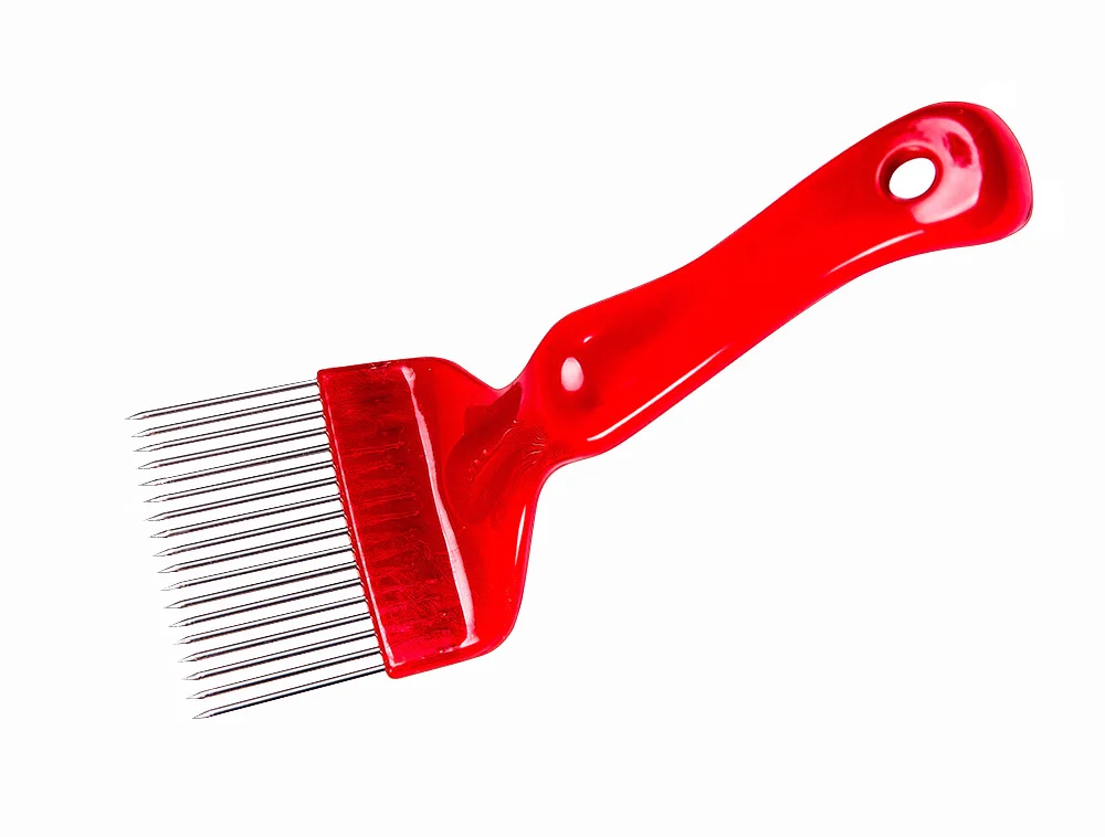 Вилка для распечатывания сот Люкс из нержавейки прямая игла фигурная пластиковая ручка (красная)